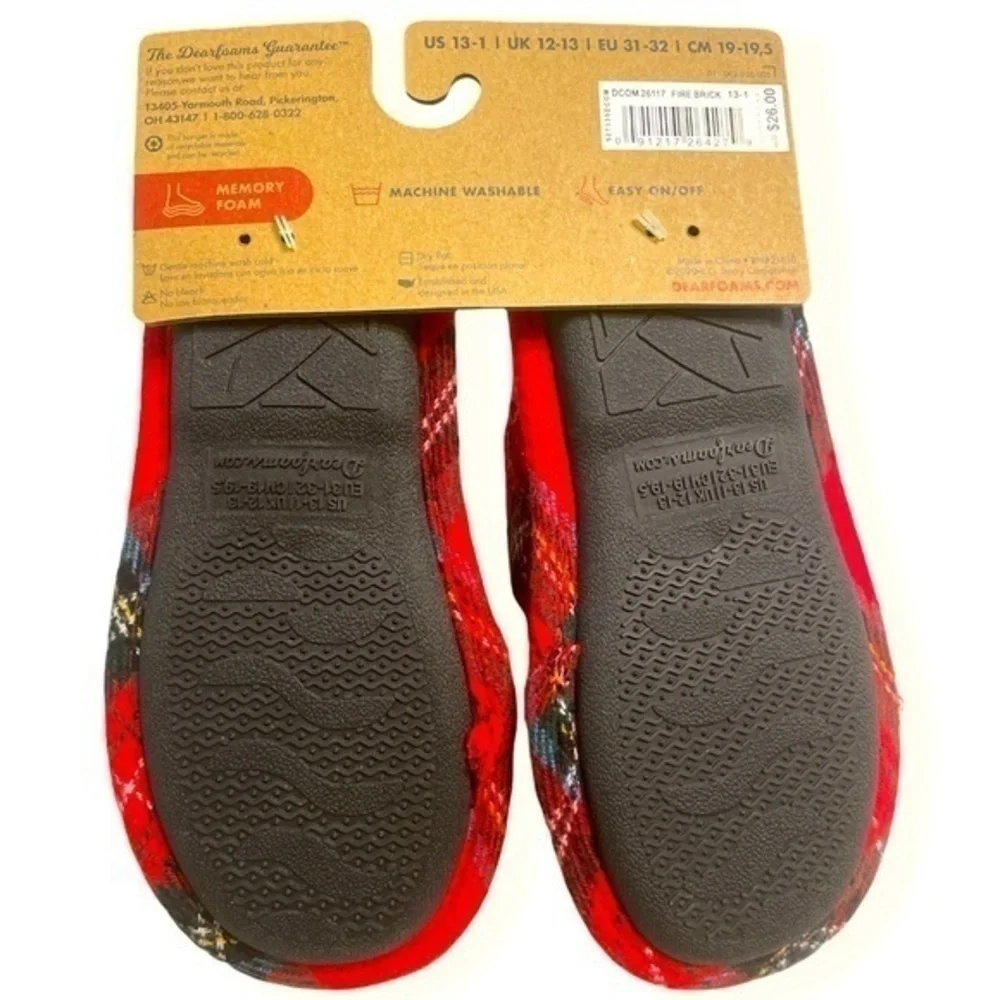 Dearforms memory foam Red Plaid Slippers machine washable fire brick US 13-1